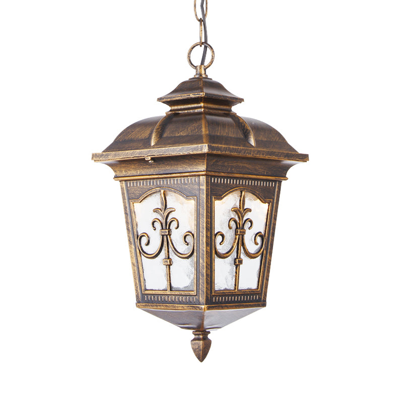 Clear Ripple Glass Black/Bronze Ceiling Lamp Lantern Shaped 1-Light Farmhouse Pendant Light Fixture for Patio