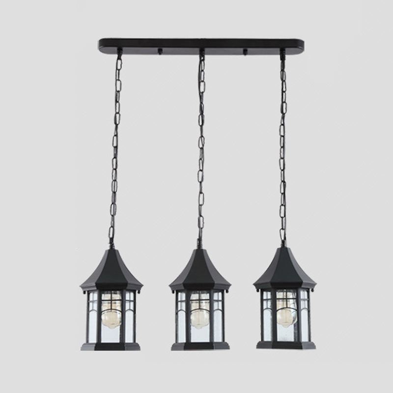 Cottage Lantern Multi Ceiling Light 3 Lights Clear Bubble Glass Suspension Lighting in Black with Linear Canopy