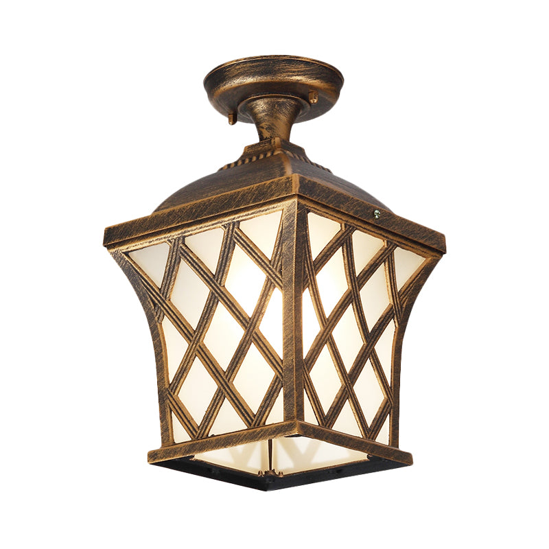 Lanterne en verre opale semi-encastrée Country 1 lumière pour balcon proche du plafond en noir/bronze avec cadre en X en métal