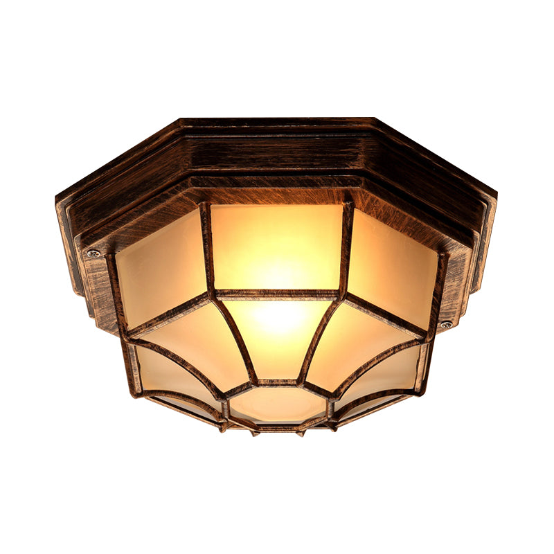 1 Light Flush Mount Fixture Lodge Octagonal Frosted Glass Close to Ceiling Light in Bronze with Cage