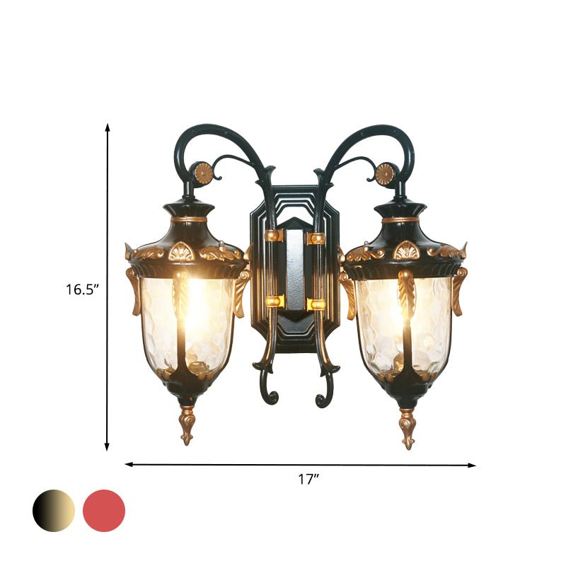 2-Bulb Clear Glass Wall Light Countryside Black and Gold/Copper Urn Courtyard Wall Sconce Lighting