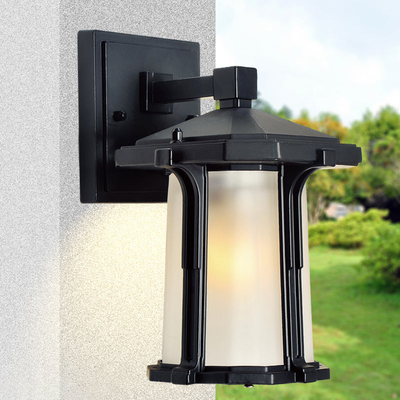 Tan/White Glass Lantern Sconce Retro Style Single Head Outdoor Wall Mounted Light Fixture