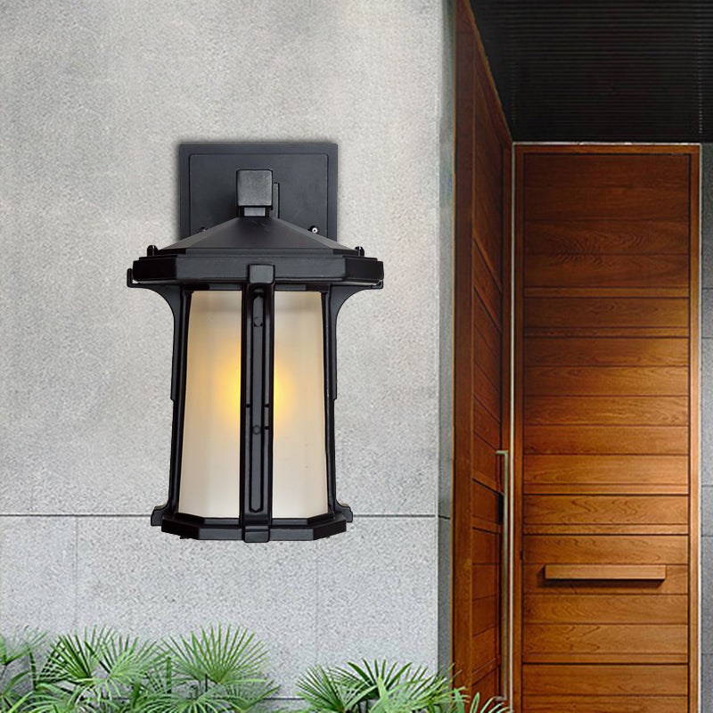 Tan/White Glass Lantern Sconce Retro Style Single Head Outdoor Wall Mounted Light Fixture