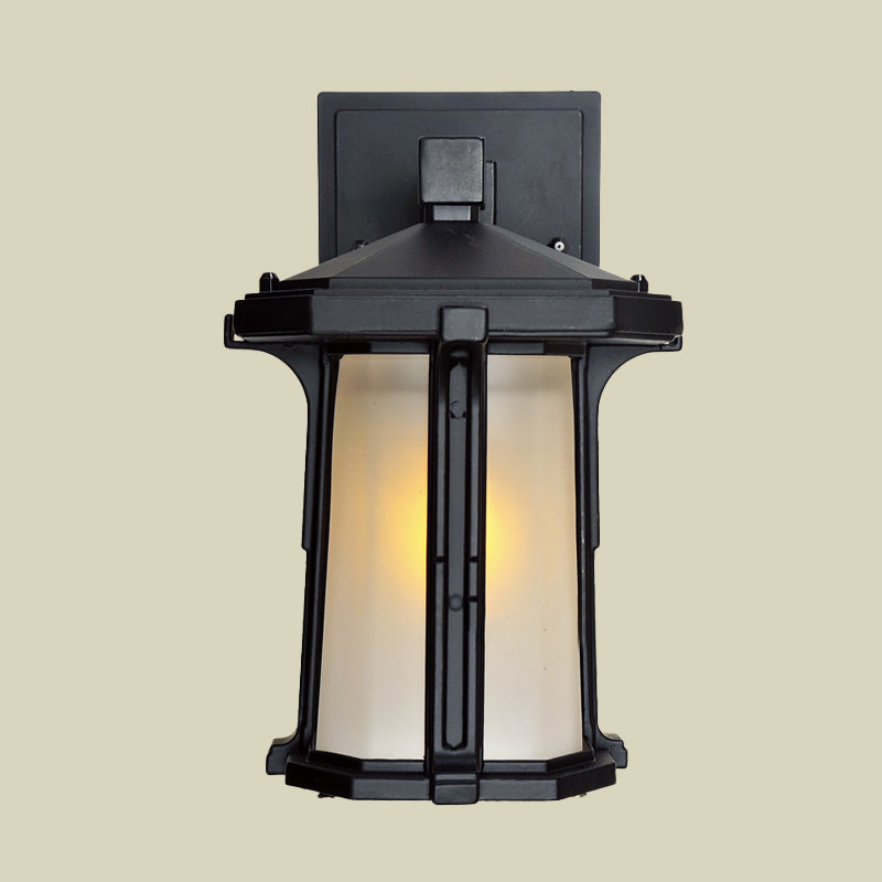 Tan/White Glass Lantern Sconce Retro Style Single Head Outdoor Wall Mounted Light Fixture