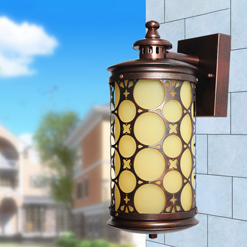 Rural Cylinder Wall Sconce Lamp Single Light Yellow Glass Wall Light in Bronze with Circle Design