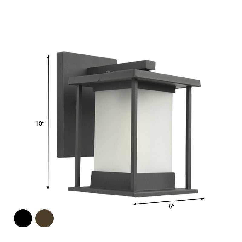 White Glass Rectangle Wall Lamp Rustic 1 Bulb Outdoor Wall Light in Coffee/Black with Metal Frame