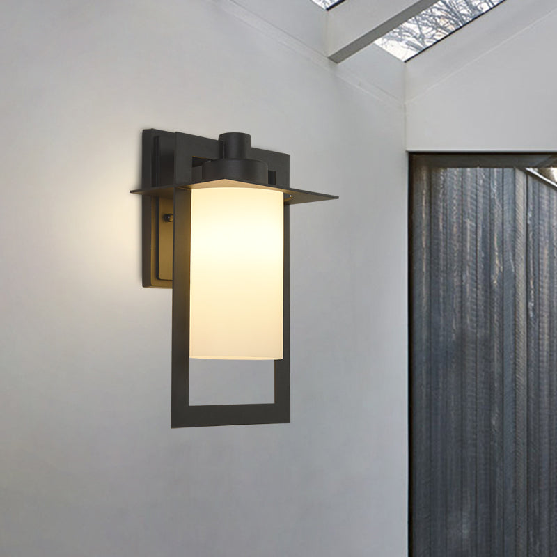 Countryside Cylinder Wall Light Single Bulb White Glass Wall Sconce in Black with Rectangle Frame