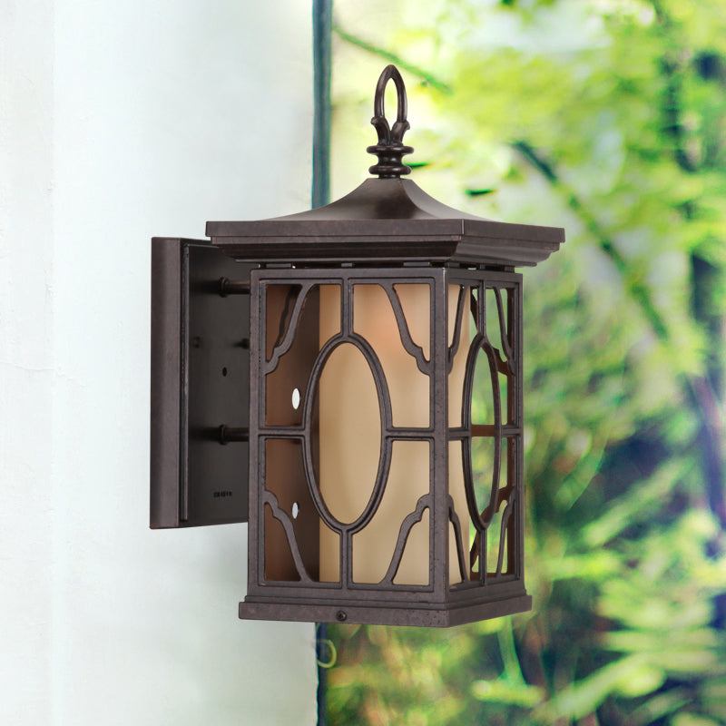 Metal Dark Coffee Sconce Light Lantern 1 Testa Rurale Rural Muro con tonalità in vetro smerigliato interno