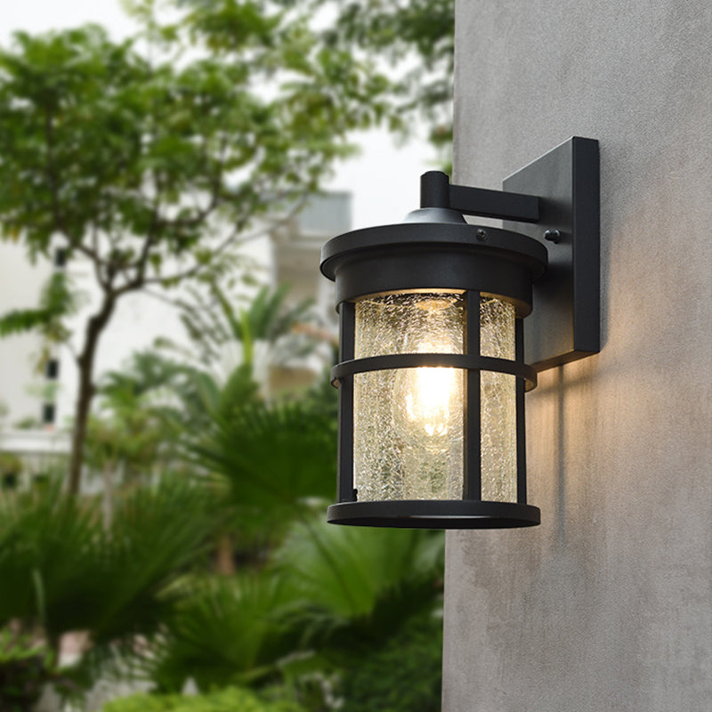 Crackle Glass Black Schonce Lamp Cilindrical 1 Bulb Countryside Wandverlichting met metalen frame