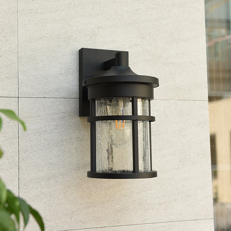Crackle Glass Black Schonce Lamp Cilindrical 1 Bulb Countryside Wandverlichting met metalen frame
