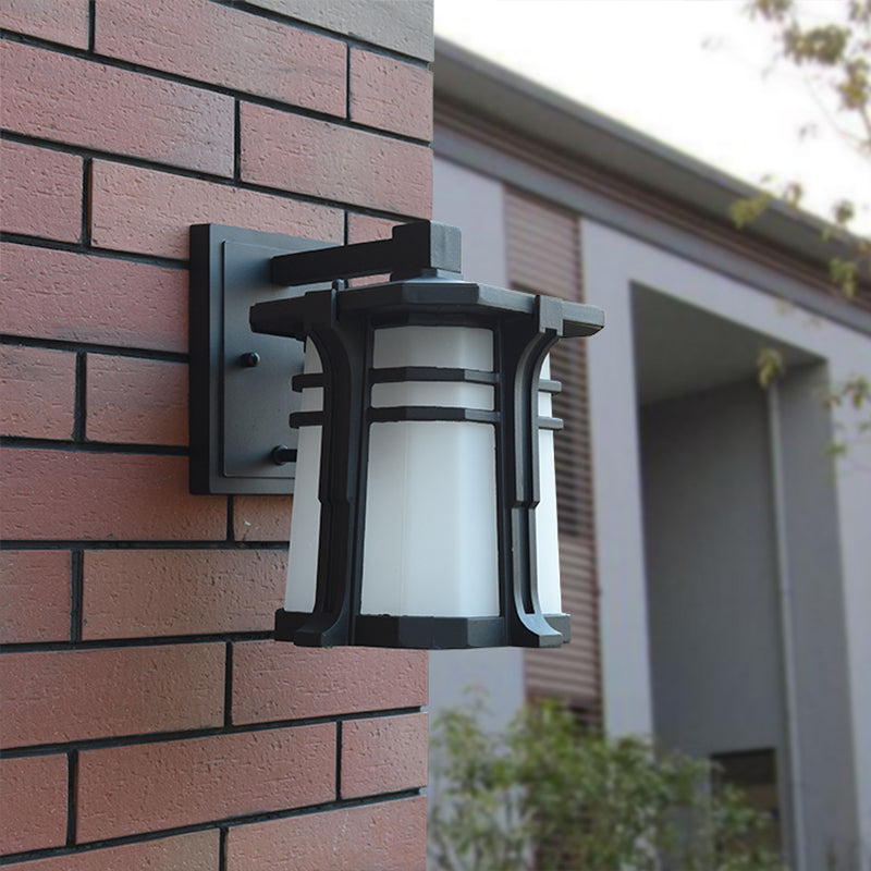 Bronze/Black Lantern Wall Light Lodge Opal Frosted Glass Single Bulb Outdoor Wall Lighting Fixture