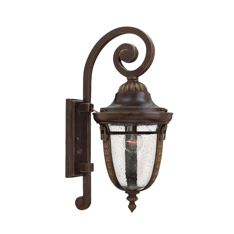 Scrolling Arm Metal Wall Lamp Rustic 1 Light Outdoor Sconce in Bronze with Seedy Glass Shade