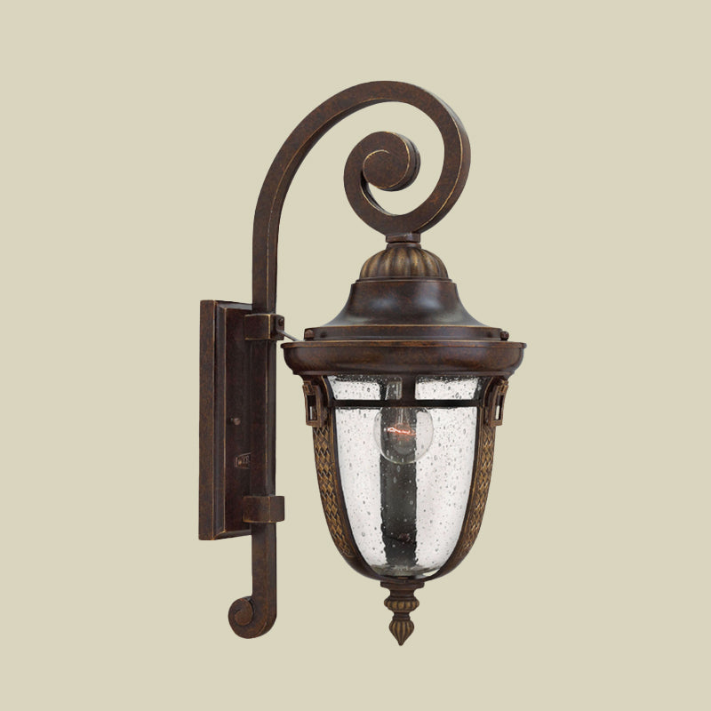 Scrolling Arm Metal Wall Lamp Rustic 1 Light Outdoor Sconce in Bronze with Seedy Glass Shade