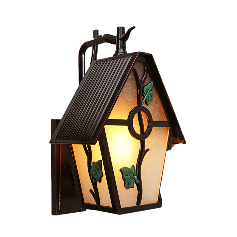 House White Glass Wall Sconce Rural 1-Light Outdoor Wall Light in Coffee with Leaf Design