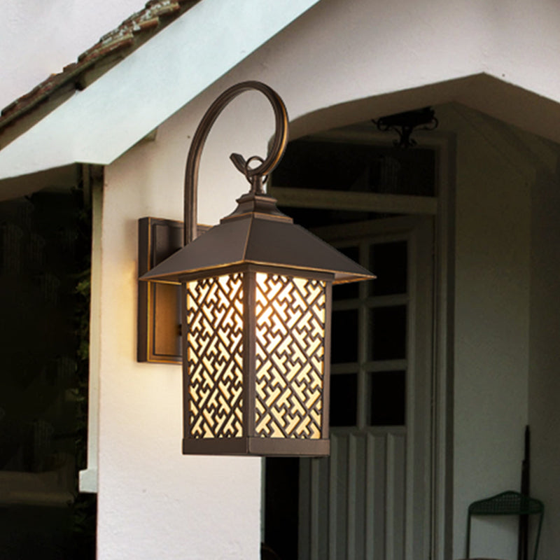 1-Bulb Curved Arm Sconce Light Rural Coffee Frosted Glass Wall Mounted Lighting for Outdoor