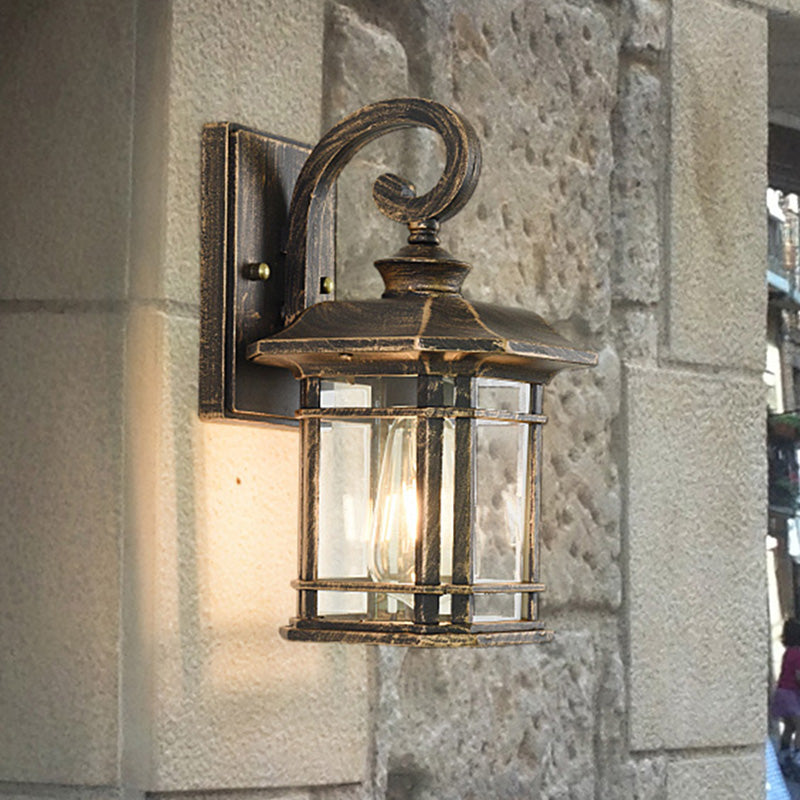 Bronze Curvy Arm Wall Lighting Countryside Clear Ripple Glass Single Head Outdoor Sconce