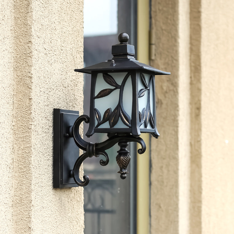 Opal Glass Black Sconce Shade Lantern 1 Bulb Countryside Wall Lighting with Leaf Design