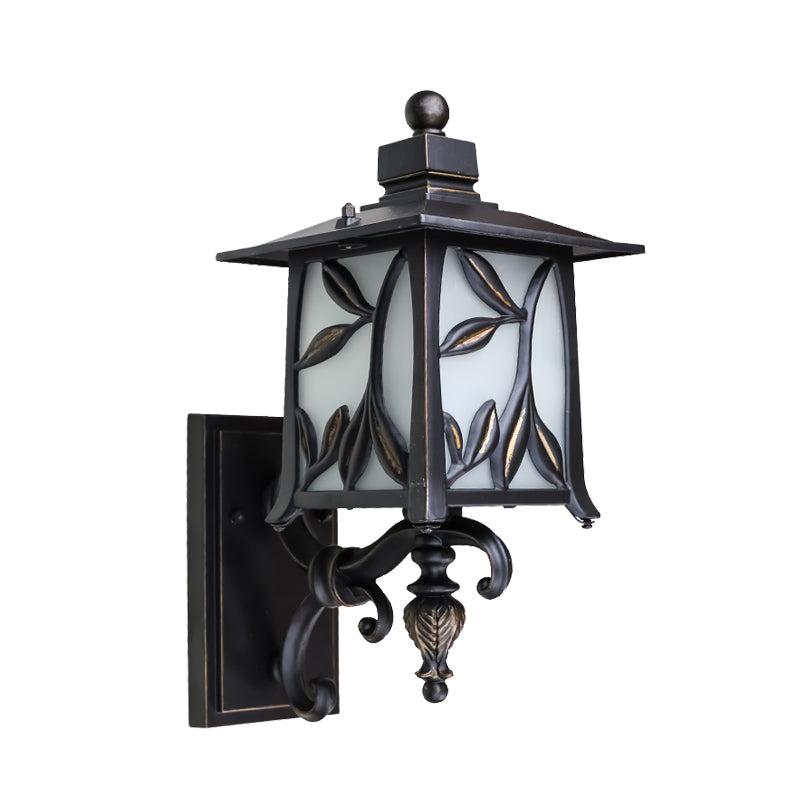 Opal Glass Black Sconce Shade Lantern 1 Bulb Countryside Wall Lighting with Leaf Design