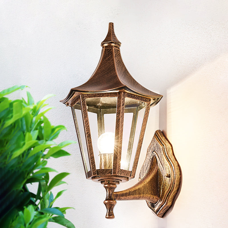 Clear Glass Pavilion Wall Sconce Retro 1 Light Courtyard Wall Lighting Fixture in Bronze