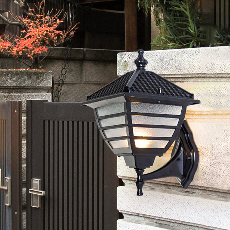 Rustic Lantern Wall Sconce Light Single Bulb Frosted Glass Wall Mounted Lamp in Black