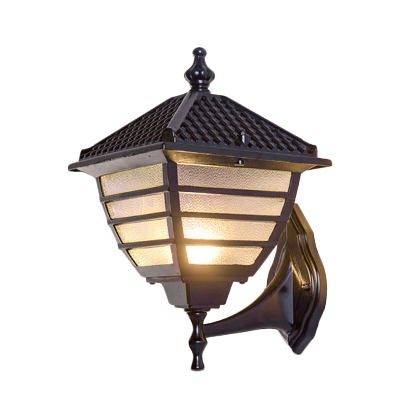 Rustic Lantern Wall Sconce Light Single Bulb Frosted Glass Wall Mounted Lamp in Black