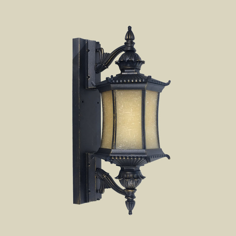 Countryside Lantern Wall Light Sconce 1-Head Frosted Glass Wall Mounted Lamp in Black for Yard