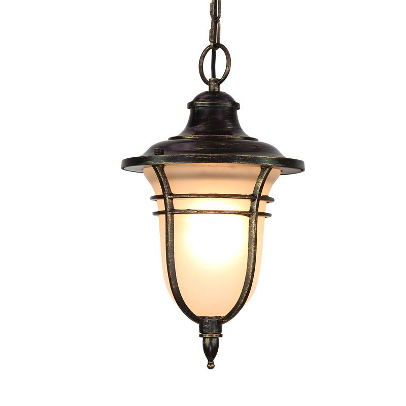 Black Urn-Shaped Down Lighting Lodge Frosted Glass Single Bulb Balcony Ceiling Pendant Light