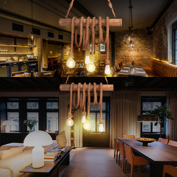 Country Rope Rope Island Light 3/4/6-Light Bamboo Island Pendant Light avec une ampoule nue en beige