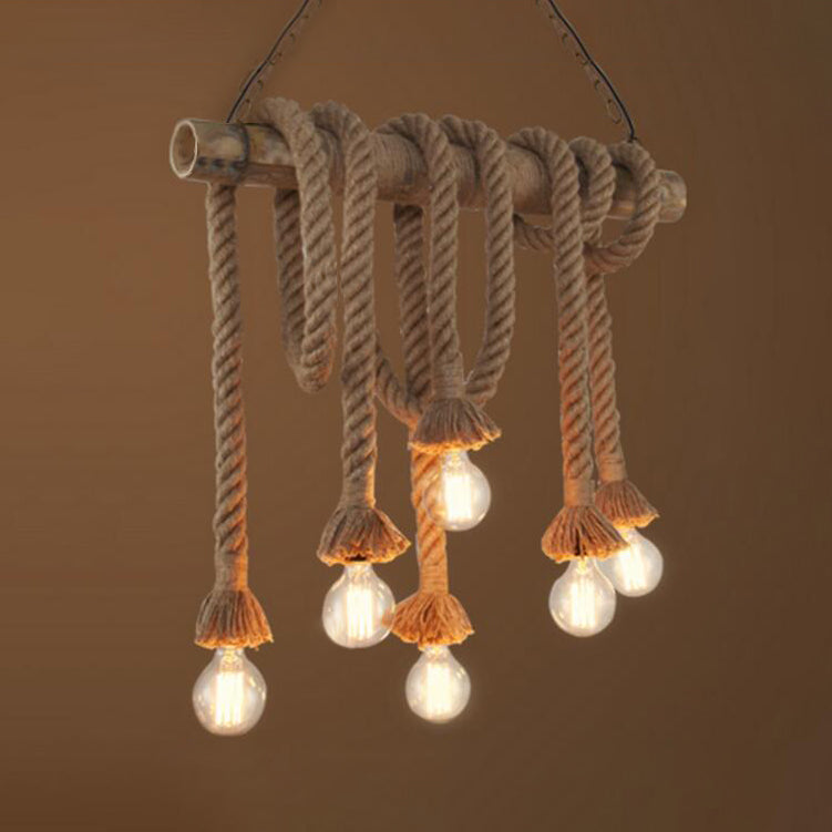 Country Rope Rope Island Light 3/4/6-Light Bamboo Island Pendant Light avec une ampoule nue en beige