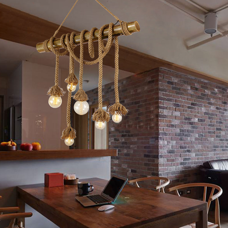Country Rope Rope Island Light 3/4/6-Light Bamboo Island Pendant Light avec une ampoule nue en beige