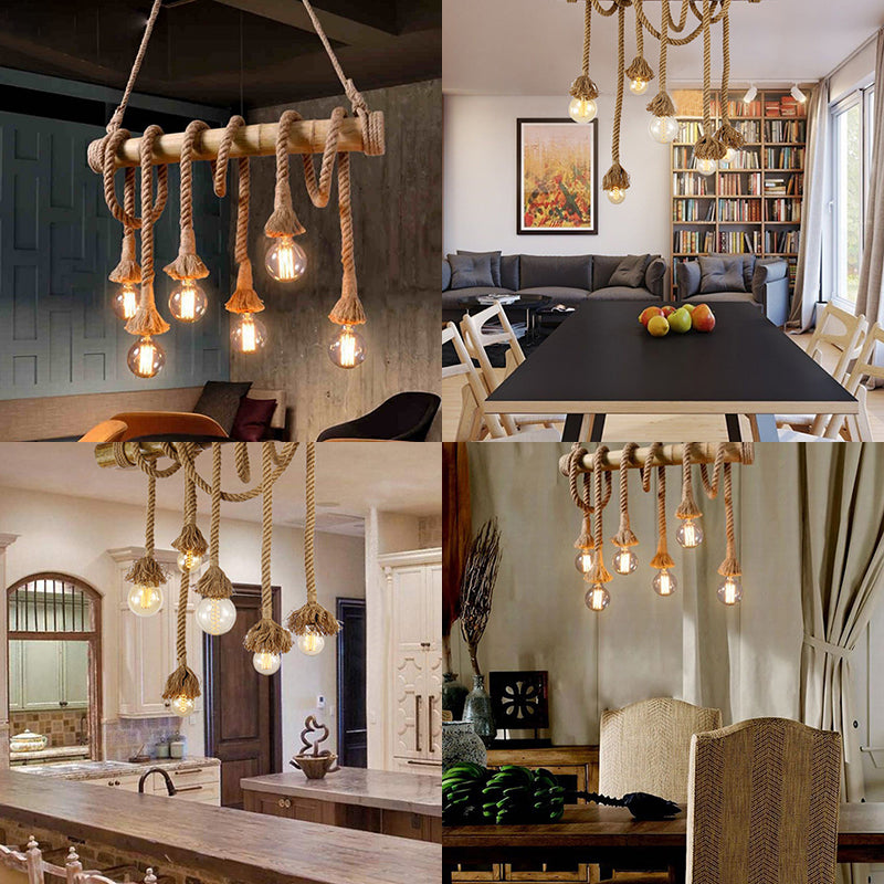 Country Rope Rope Island Light 3/4/6-Light Bamboo Island Pendant Light avec une ampoule nue en beige