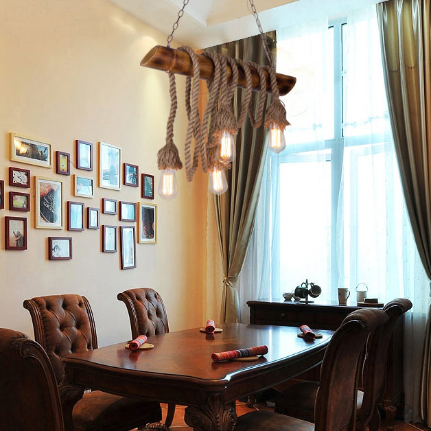 Country Rope Rope Island Light 3/4/6-Light Bamboo Island Pendant Light avec une ampoule nue en beige