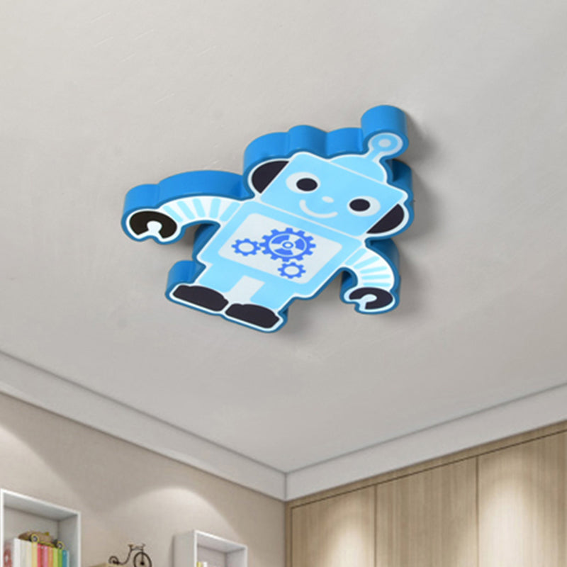 Roboter Kindergarten Deckenlampe Eisen Integrierte LED Cartoon Flush Mount Befestigung in Gelb/Blau/Grün