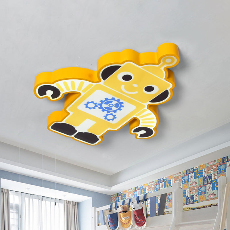 Robot Kindergarten Ceiling Lamp Iron Integrated LED Cartoon Flush Mount Fixture in Yellow/Blue/Green