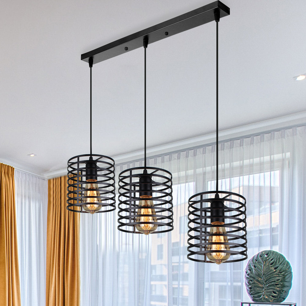 Cylindrical Metallic Hanging Light with Cage Shade Industrial 3 Bulbs Dining Room Suspended Lamp in Black