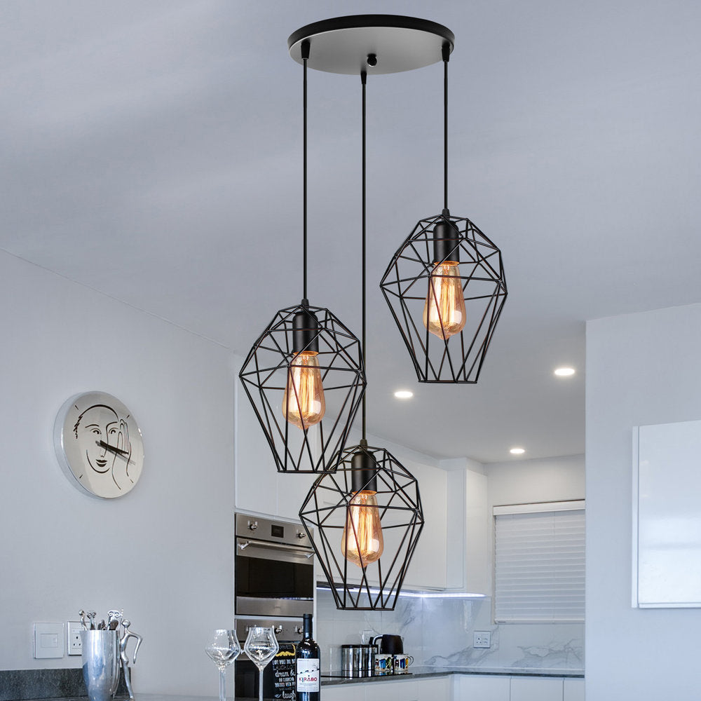 Metallic Black Suspended Light Geometric 3 Bulbs Vintage Ceiling Pendant Lamp with Cage Shade and Round/Linear Canopy