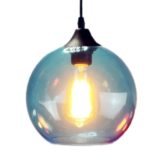 Globe Pendant Light Industrial 1 Light 8"/10" Wide Grey/Red/Blue Glass Hanging Lamp in Black