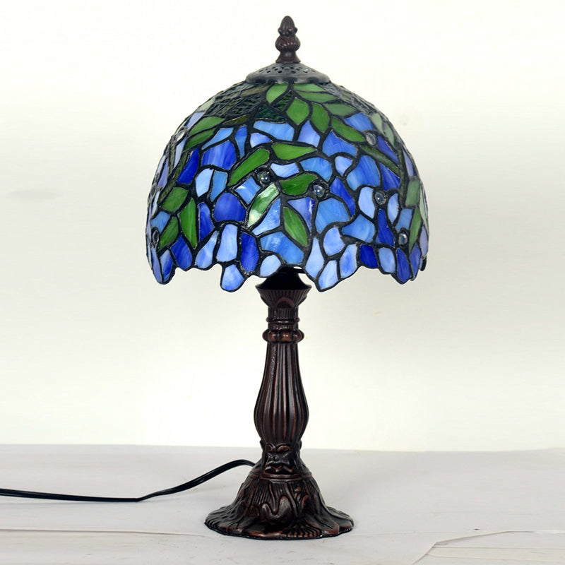 Tiffany Glass Dome Shade Night Light Mediterranean 1 Head Coffee Table Lamp with Leaf Pattern