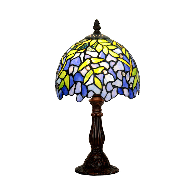 Tiffany Glass Dome Shade Night Light Mediterranean 1 Head Coffee Table Lamp with Leaf Pattern