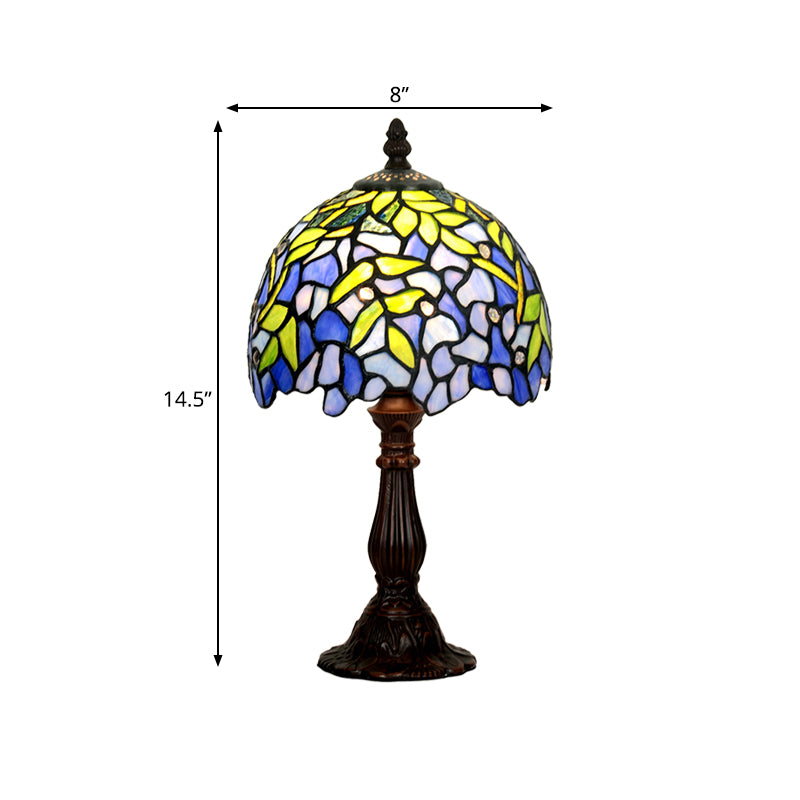 Tiffany Glass Dome Shade Night Light Mediterranean 1 Head Coffee Table Lamp with Leaf Pattern