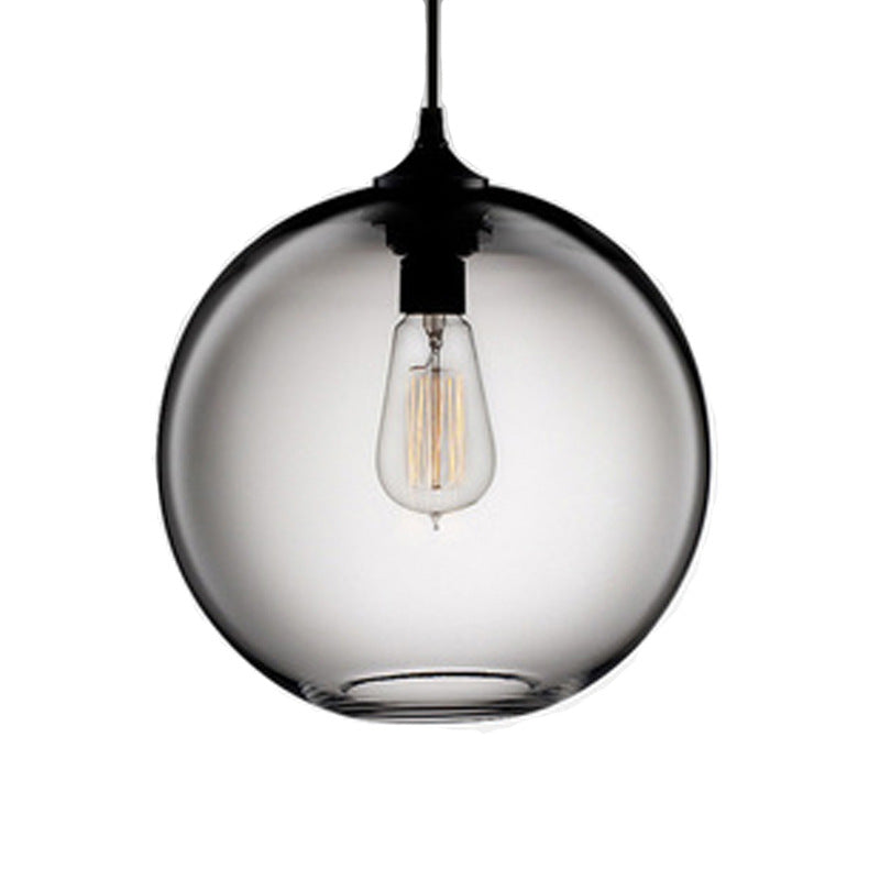Globe Pendant Light Industrial 1 Light 8"/10" Wide Grey/Red/Blue Glass Hanging Lamp in Black