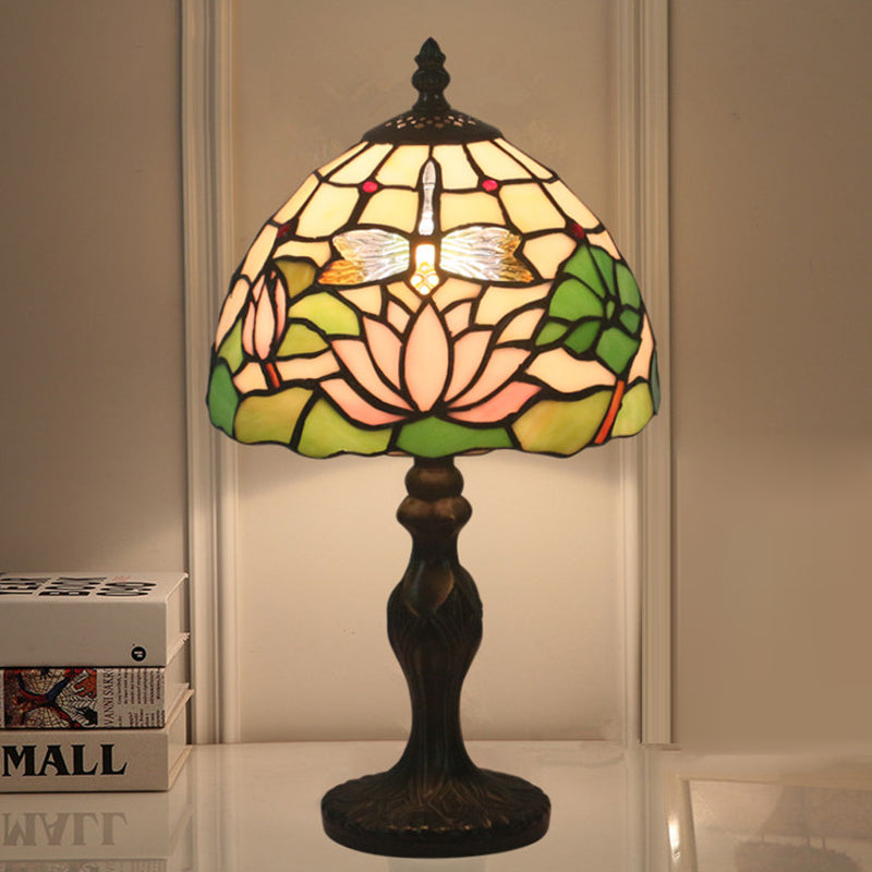 Lotus Pattern Table Lighting Tiffany Cut Glass 1-Light Dark Brown Night Stand Lampe