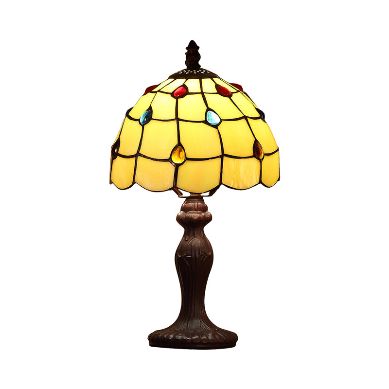 Stained Glass Dark Brown Table Light Jewel-Embellished Scalloped 1 Bulb Tiffany Nightstand Lamp