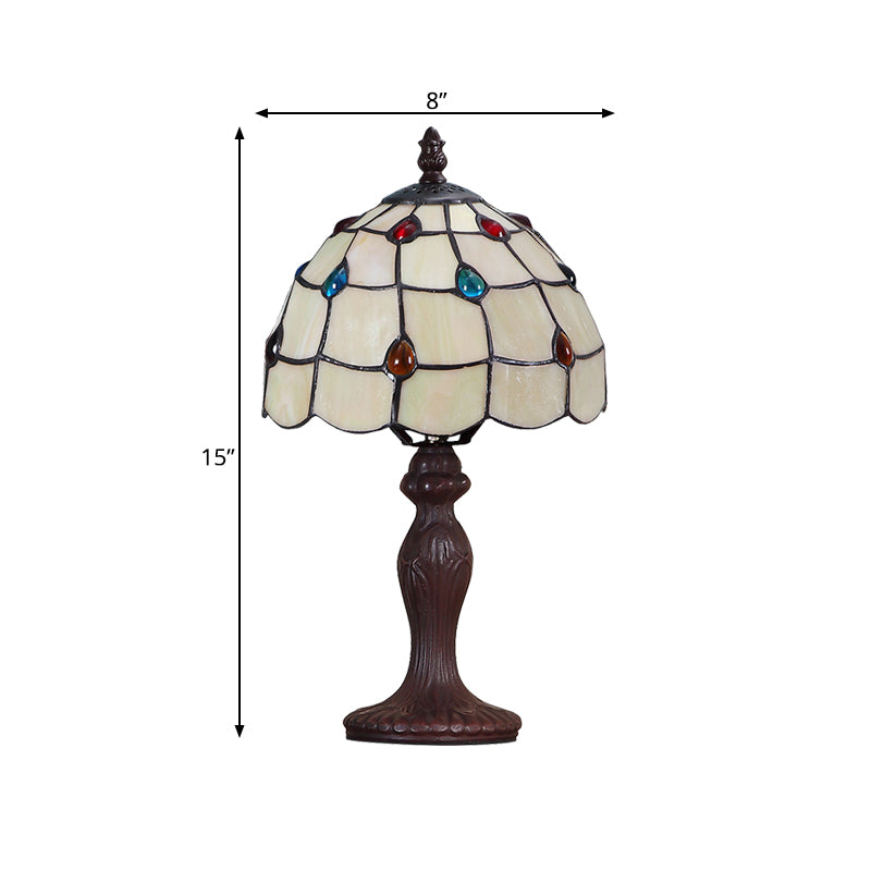 Stained Glass Dark Brown Table Light Jewel-Embellished Scalloped 1 Bulb Tiffany Nightstand Lamp
