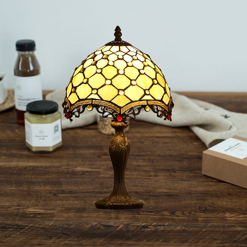Wave-Trim Fishscale Table Lamp 1 Bulb Tan Glass Baroque Nightstand Light in Dark Brown for Living Room