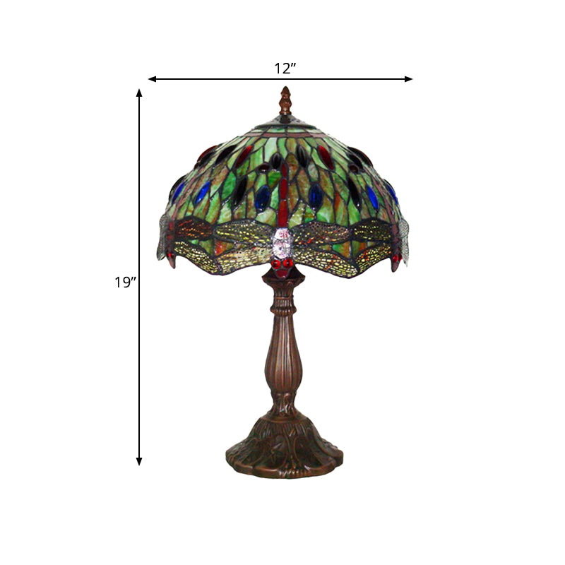 1-Bulb Lounge Night Lamp Tiffany Bronze Table Light with Dragonfly Green Stained Glass Shade