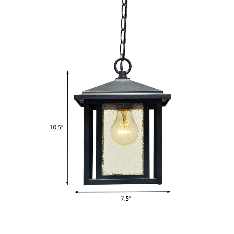 Clear Seedy Glass Black Pendant Lantern 1-Head Retro Hanging Light Fixture for Outdoor
