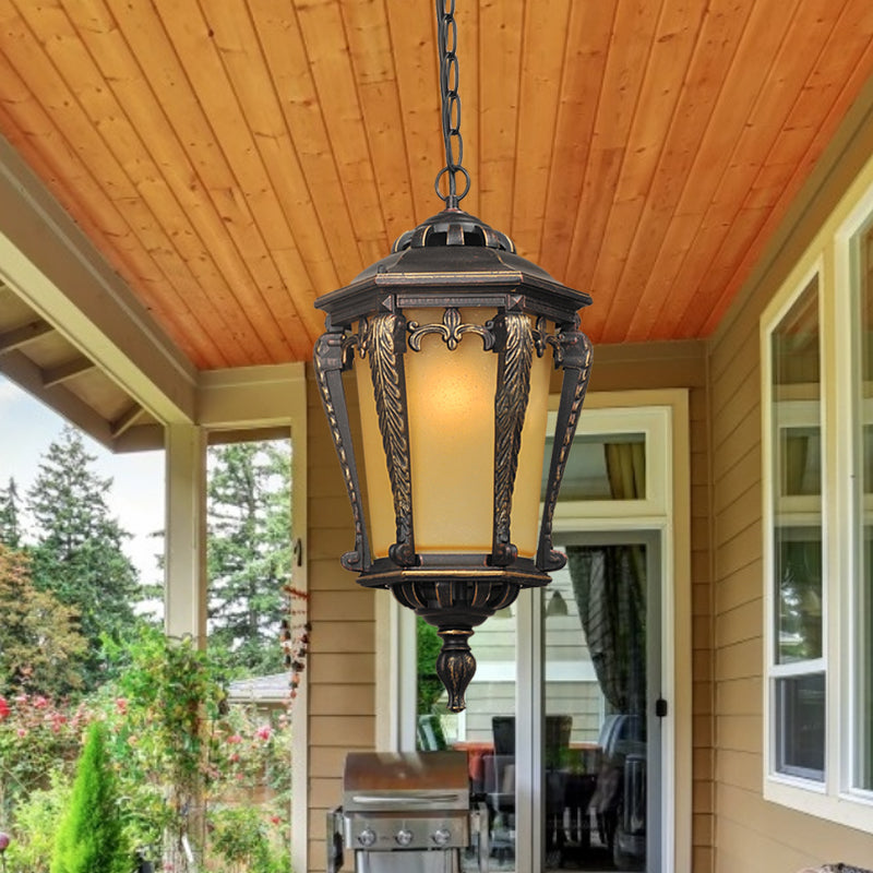 Bronze 1 Head Pendant Light Lodge Yellow Glass Lantern Suspended Lighting Fixture for Outdoor