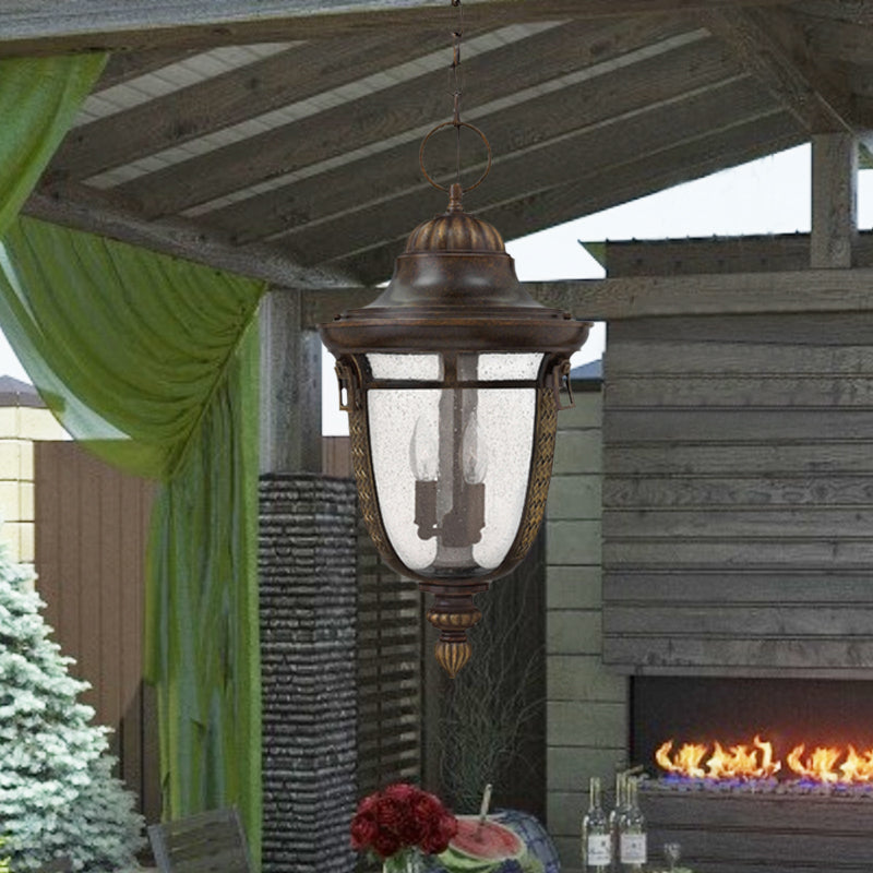 2-Head Clear Seedy Glass Chandelier Rustic Bronze Urn Shape Courtyard Pendant Light