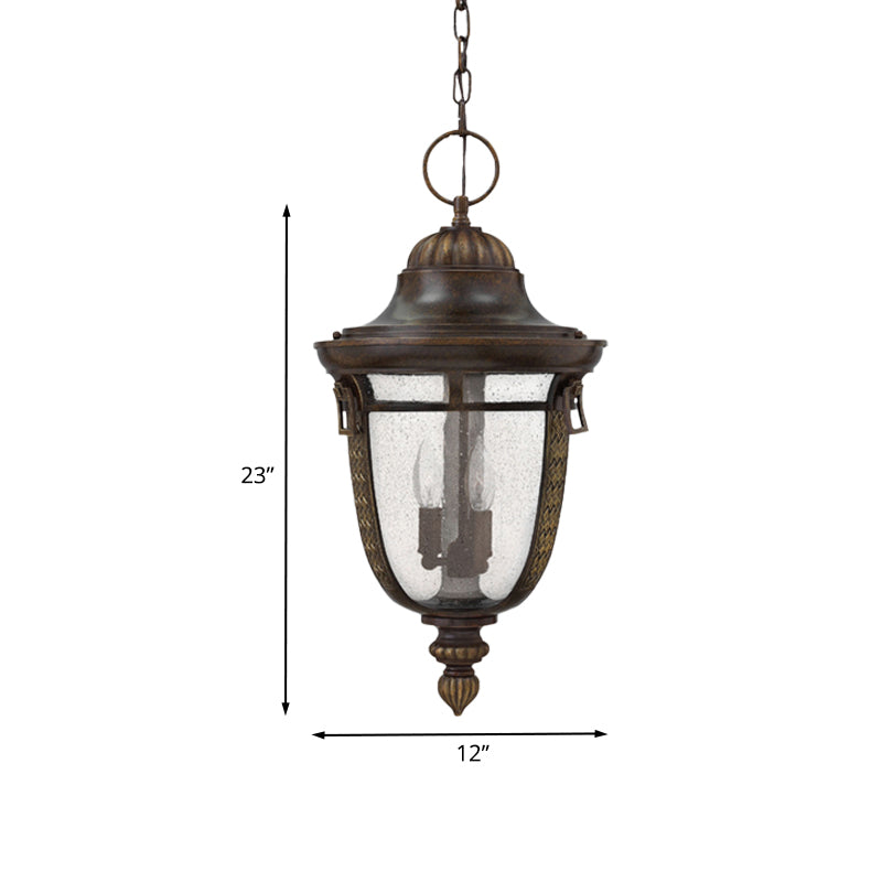2-Head Clear Seedy Glass Chandelier Rustic Bronze Urn Shape Courtyard Pendant Light